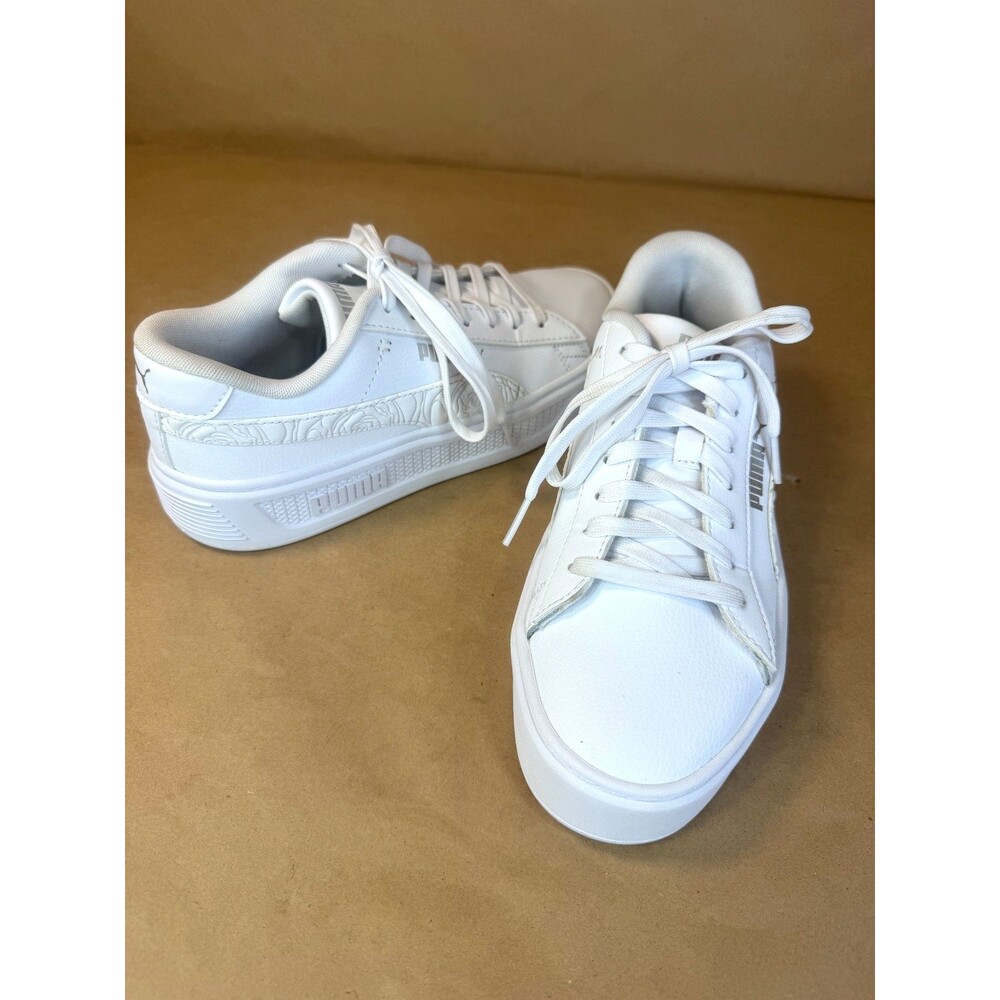 PUMA Smash Platform V3 Women's Sneakers - White/Silver Imprint - Size 8.5